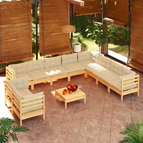 vidaXL 11 pcs conjunto lounge jardim c/ almofadões creme pinho maciço