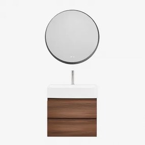 Conjunto De Móvel De Casa De Banho Em Madeira E Chapa De Freixo Com Lavatório Integrado Ona Madeira Escura & Redondo Led - Sklum