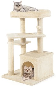 Arranhador para gatos de 4 níveis com postes para arranhar Plataforma superior em felpa 63 x 56,5 x 85 cm Bege
