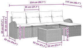 Conjunto de sofá de jardim de 6 peças com almofadas cinza de vime PE