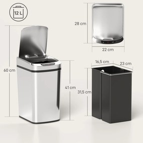 Caixote do lixo de cozinha automático de 12 L em aço inoxidável, com sensor e tampa, 28 x 22 x 41 cm, prateado