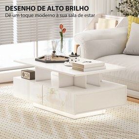 Mesa de Centro Moderna com LED 4 Gavetas Prateleira Aberta e Luzes LED de 16 Cores 90x55x41 cm Branco Brilhante