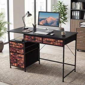 Secretária para computador 120 x 50 x 77 cm com prateleira e gavetas em tecido, estrutura metálica Castanha
