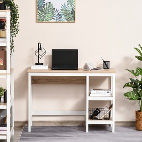 Secretária com 110 cm de comprimento x 48 cm de largura x 76 cm de altura, 2 prateleiras laterais em MDF E1, carvalho claro e branco