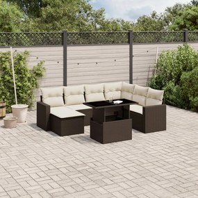 8 pcs conjunto sofás de jardim c/ almofadões vime PE castanho