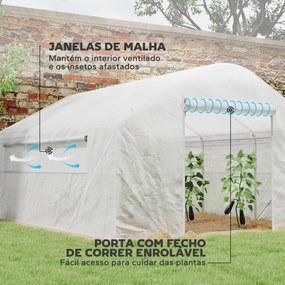 Estufa tipo Túnel 4x3x2 m Estufa de Exterior com 2 Janelas Cobertura PE Anti UV e 1 Porta de Enrolar Branco