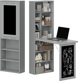 Secretária com arrumação dobrável, fixada à parede e rebatível, com estante, posto de trabalho, quadro de giz e prateleira ajustável