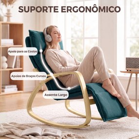 Cadeirão de Baloiço com Apoio para os Pés Ajustável em 5 Posições, Braços em Madeira e Acolchoamento Duplo, Verde Escuro