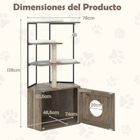 Arranhador para gatos 2 em 1 com recinto para caixa de areia 78 x 50 x 138 cm com 2 postes para arranhar 3 tapetes Orifício Castanho