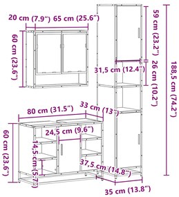 3 pcs Conjunto móveis casa de banho madeira proc. cinza sonoma