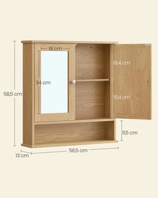 Armário casa de banho com espelho 13 x 56,5 x 58,5 cm com 2 portas espelhadas e compartimento aberto em cor de carvalho natural