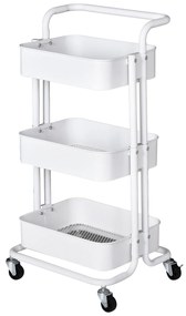 HOMCOM Carrinho Auxiliar de 3 Níveis com Rodas e 3 Prateleiras de Malha Metálica Carga de 20kg Branco 44x36x83cm