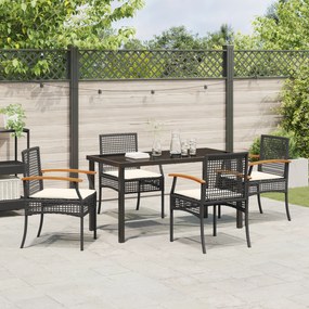 Conjunto de Jantar de Jardim com Almofadas Vime Poliéster Preto de 5 P