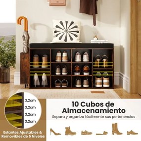 Banco sapateira 30 x 110 x 52,5 cm com suporte para guarda-chuvas, 10 compartimentos, assento acolchoado e prateleiras ajustáveis, Café
