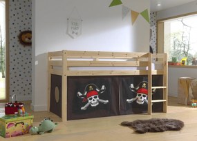 Cama alta de Criança PINO 90 x 200 cm + estrado + escada + cortina Piratas das Caraíbas Natural