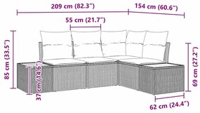 Conjunto de Sofá de Jardim com 4 Peças e Almofadas de Polirattan Cinza