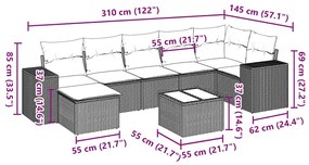 8 pcs conj. sofás jardim c/ almofadões vime PE cinzento-claro