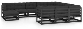 vidaXL 11 pcs conjunto longue jardim c/ almofadões pinho maciço preto