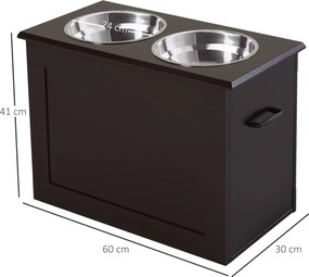 Comedouro Elevado para Cães com 2 Tigelas de Aço Inoxidável e Espaço de Armazenamento Oculto 60x30x41 cm Castanho Escuro
