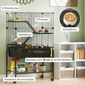 Gaiola para Pequenos Animais de 4 Níveis com Bandeja Inferior Rodas Rampas Comedouro e Bebedouro 73x47x123 cm Preto