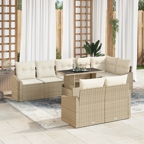 vidaXL Conjunto de Sofá para Jardim de 9 peças com Almofadas Bege de Rattan Polimérico