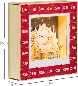 Calendário do Advento com LED, decorações de Natal em madeira, 24 gavetas para encher, decoração luminosa, vermelho