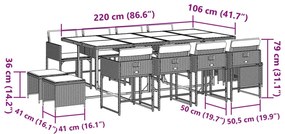 13 pcs conj. jantar jardim c/ almofadões vime PE cinzento-claro