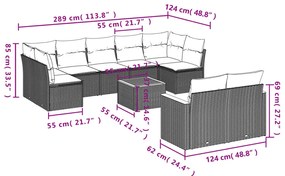 10 pcs conjunto sofás de jardim c/ almofadões vime PE preto