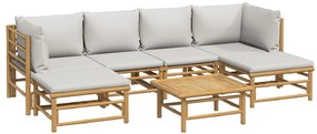 7 pcs conj. lounge de jardim bambu c/ almofadões cinzento-claro