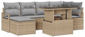 Conjunto de Sofá de Jardim de 7 Peças com Almofadas Bege Rattan Poliés