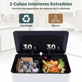 Cubo do lixo de 60 L para cozinha 54 x 34 x 67 cm com 2 compartimentos, tampa com pedal e alças laterais branco