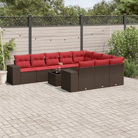 vidaXL 11 pcs conjunto sofás de jardim c/ almofadões vime PE castanho