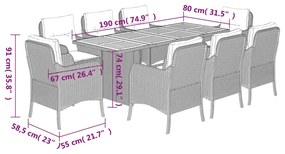 9 pcs conjunto de jantar p/ jardim com almofadões vime PE bege