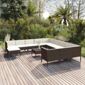 vidaXL 13 pcs conjunto lounge jardim c/ almofadões vime PE castanho