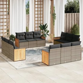 12 pcs conjunto de sofás jardim c/ almofadões vime PE cinzento