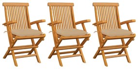 Cadeiras de jardim c/ almofadões beges 3 pcs teca maciça