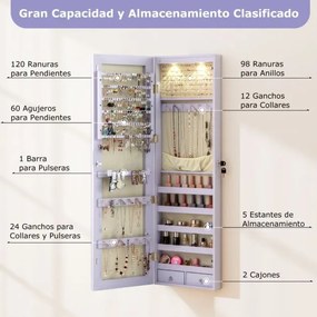 Armário de joias em madeira com espelho de parede e LED interno Organizador de porta ou parede com chave 35,5 x 10 x 120 cm Púrpura