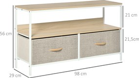 Móvel de TV baixo com pés, estilo industrial, com 2 gavetas, em tecido cinzento, madeira natural e metal branco