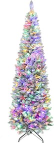 Árvore de Natal Estreita 210 cm com neve e com Luzes LED Bicolores 11 Modos de Iluminação 687 Ramos Suporte Metálico Verde
