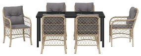 Conjunto de Jantar de Jardim com 7 Peças e Almofadas Beiges em Rattan