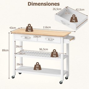 Carrinho de cozinha 106 cm x 50 cm x 89 cm  com rodas com 2 gavetas, 2 prateleiras abertas e pega lateral branca