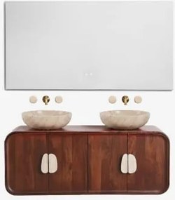 Conjunto De Móvel De Casa De Banho Dupla Suspensa 130x45 Cm Em Madeira De Manga E Pedra Natural Kivalina Travertino - Madeira De Mangueira Escura & -