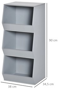 Estante Infantil de Madeira para Crianças com 3 Prateleiras de Armazenamento para Brinquedos Livros 38x34,5x90cm Cinza