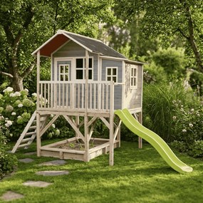 Casa de brincar infantil exterior para crianças Loft 550 em madeira com escorrega e caixa areia - Cinzenta