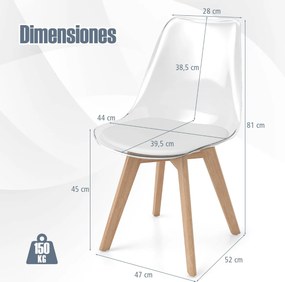 Conjunto de 4 cadeiras de jantar modernas (MESA NÃO INCLUIDA) sem braços com encosto Pernas em madeira de faia Almofada macia branca, cadeiras transpa