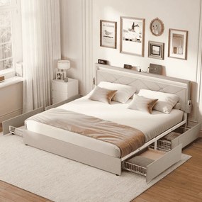 Estrutura de cama em metal 160 x 200 cm com iluminação LED, com gavetas e cabeceira bege cappuccino