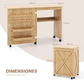 Mesa de Costura Dobrável Multifuncional Estante Compacta 2 Tabuleiros e 18 Pinos Armário de Costura com Porta e 5 Rodas Natural