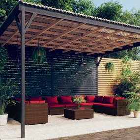 vidaXL 11 pcs conjunto lounge jardim c/ almofadões vime PE castanho