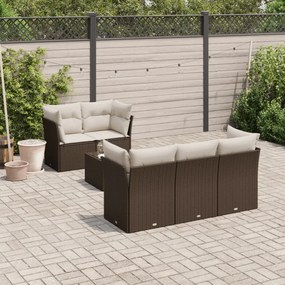 6 pcs conjunto de sofás jardim c/ almofadões vime PE castanho