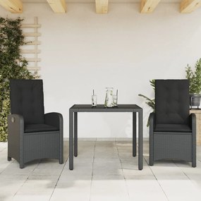 vidaXL 3 pcs conjunto de jantar p/ jardim c/ almofadões vime PE preto